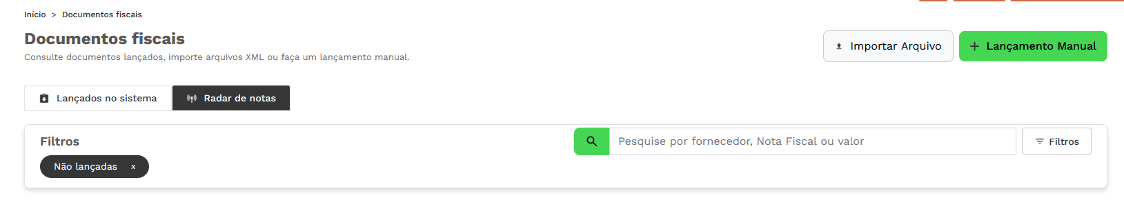 Tela do Radar de notas para entrada de documentos fiscais
